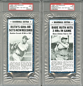 1969/70 Bazooka "Baseball Extra" Complete Box/No Top Tab Babe Ruth PSA MINT 9 Pair (2 Different)